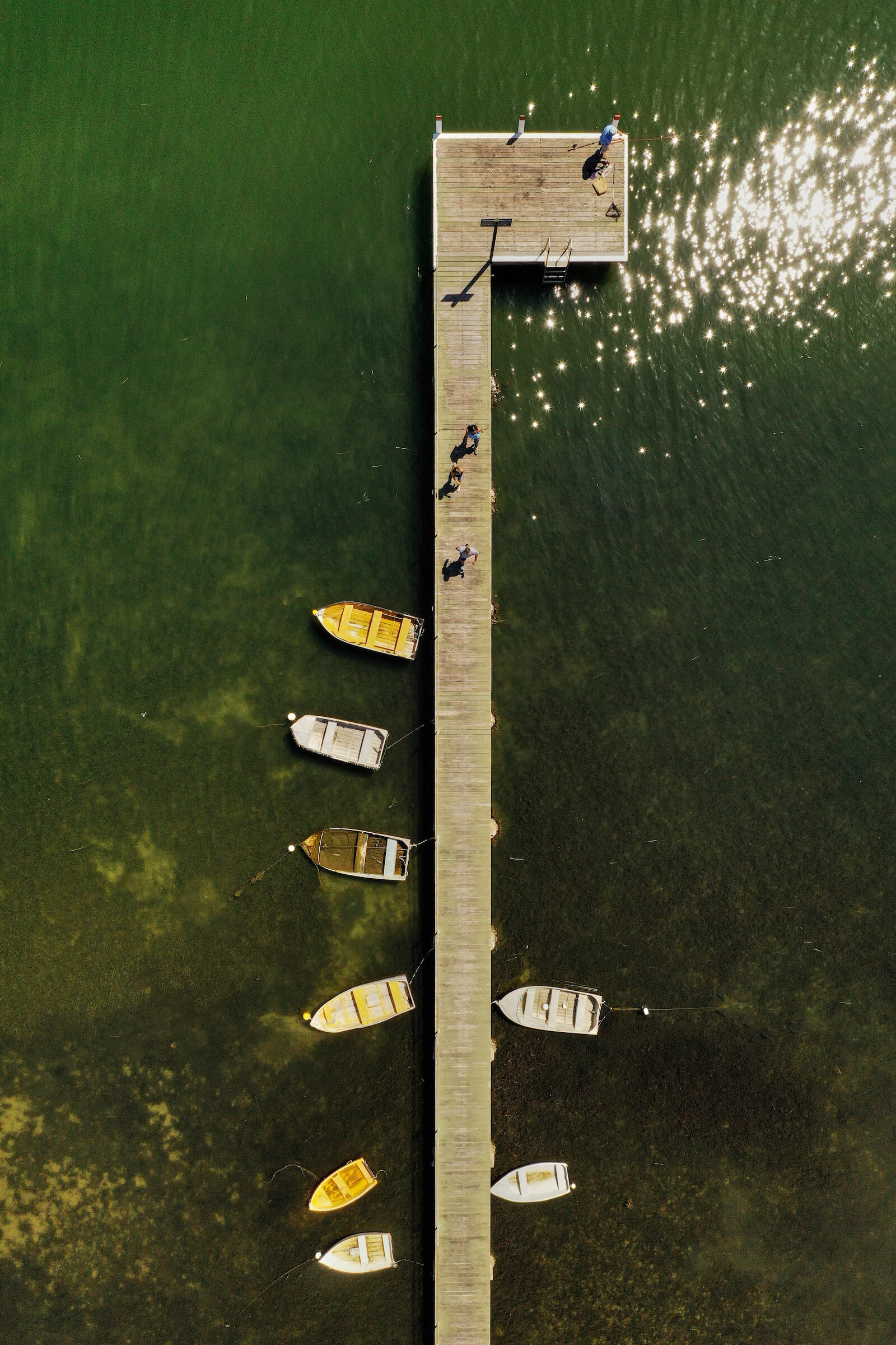 aerial of waterway jetty and pretty mustard boats