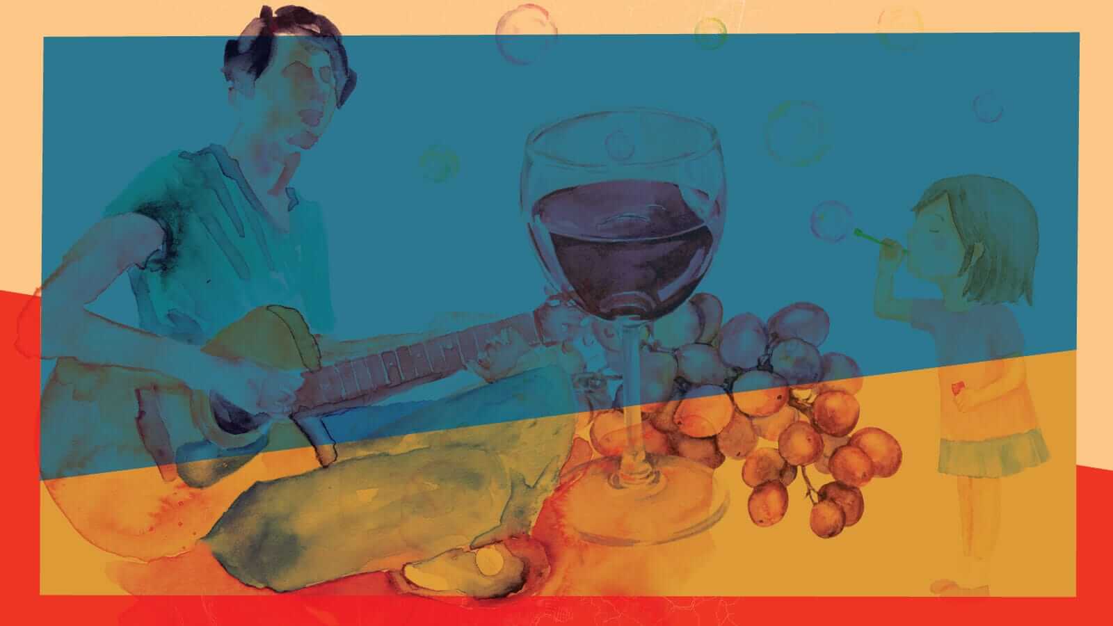 Image showing food, wine, a person playing guitar and child blowing bubbles