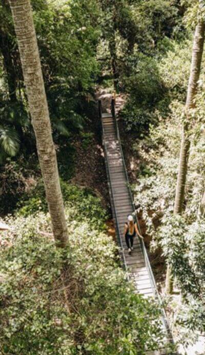 woman walks across bridge in forest