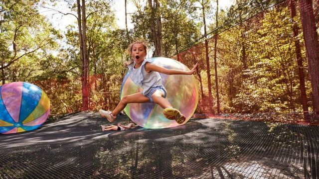 Child bouncing on net treetop adventure