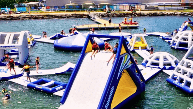 inflatable obstacle course on the water