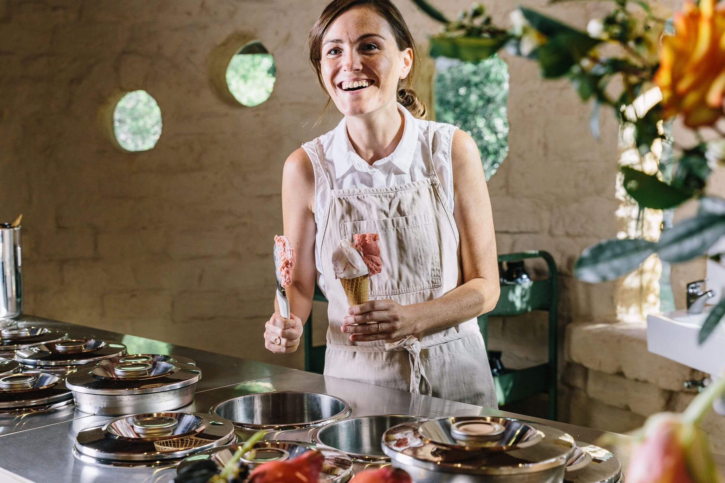 woman serving fresh gelato