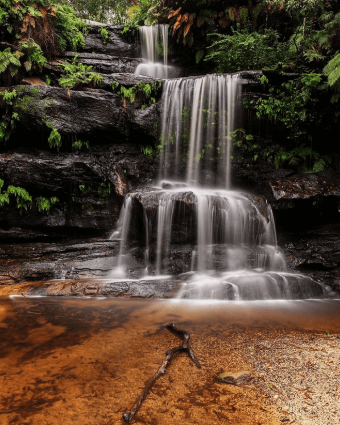small cascading falls surrounded by lush green