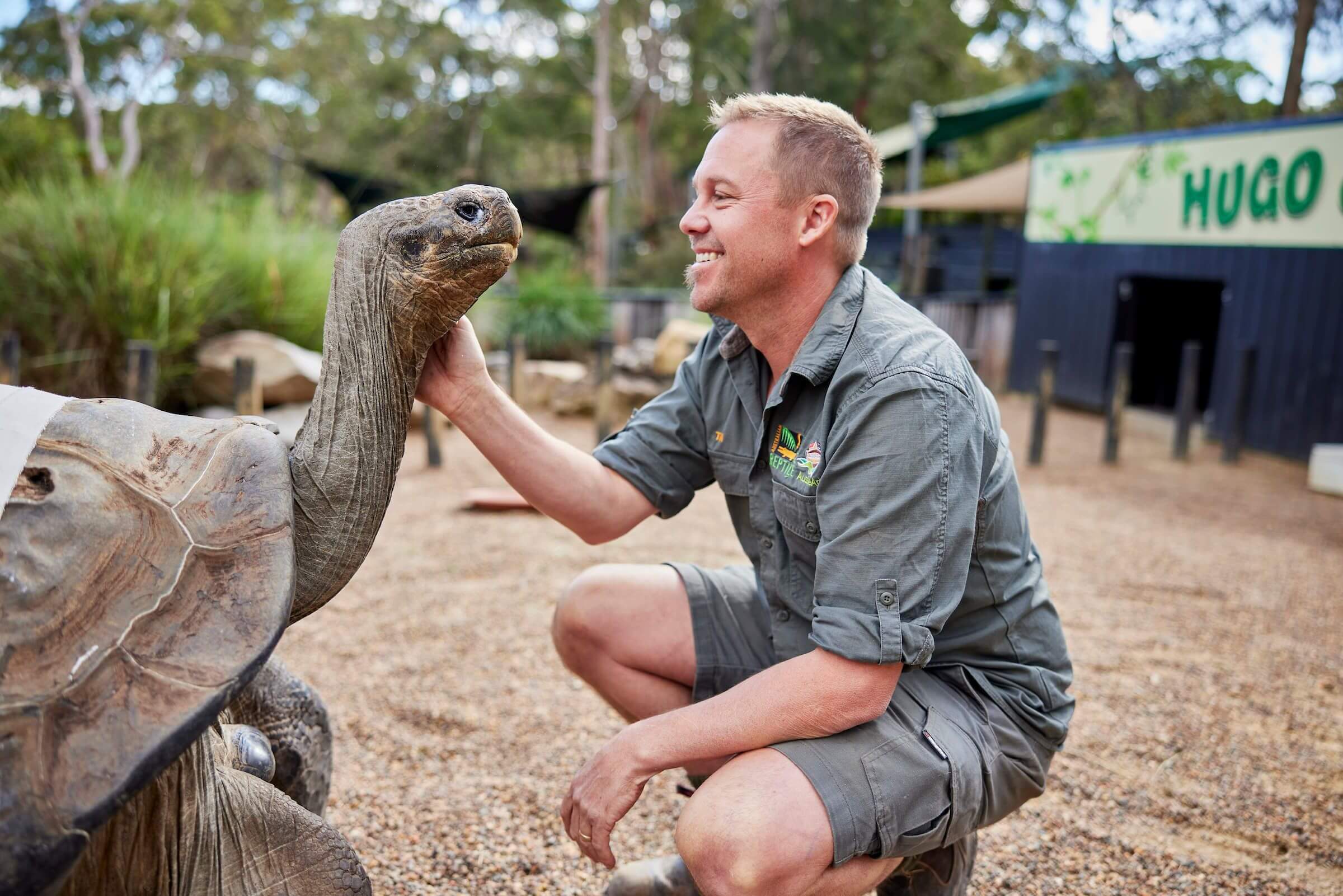 ranger patting giant galapagos tortoise called Huge