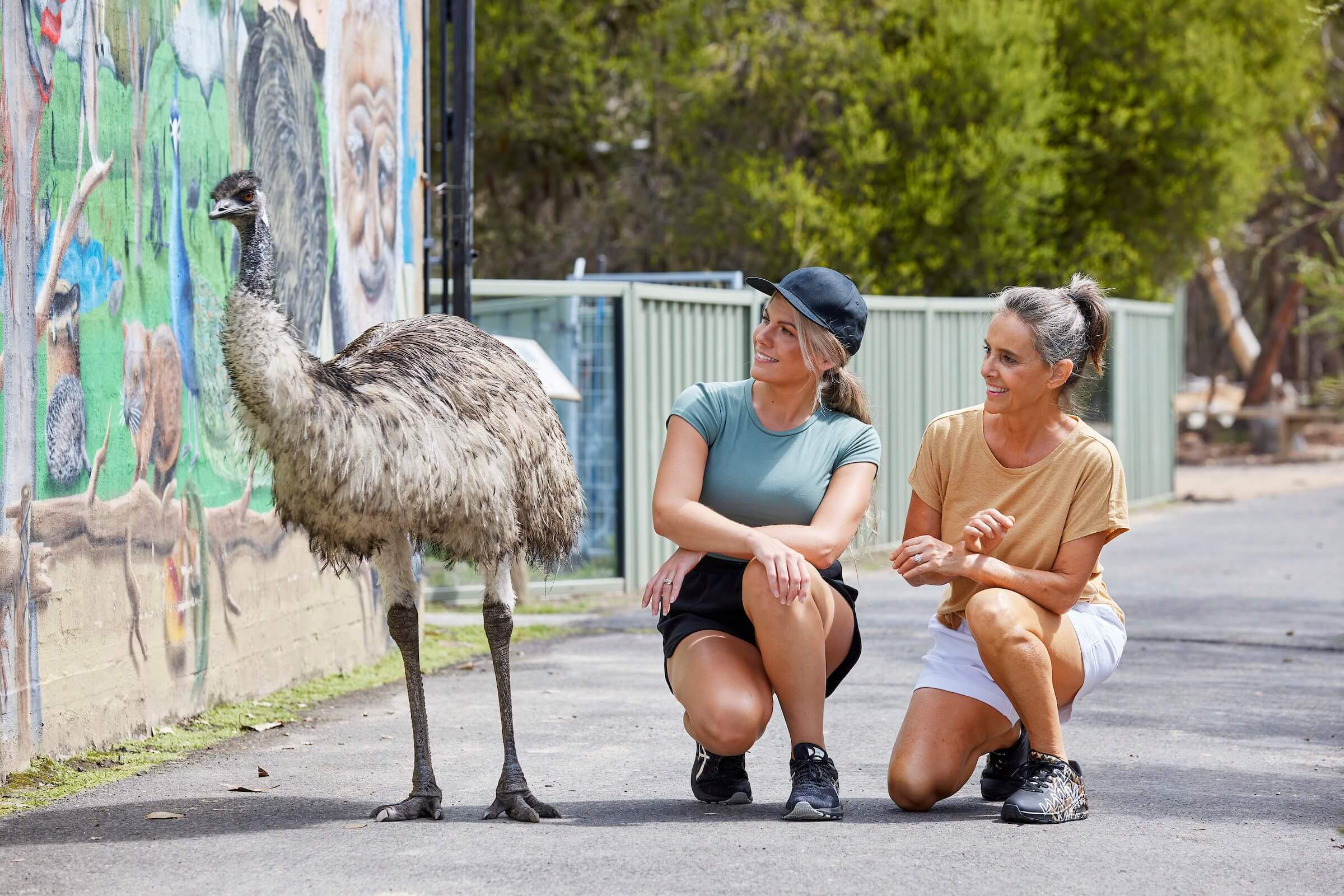 two tourists with free range emu n bush setting