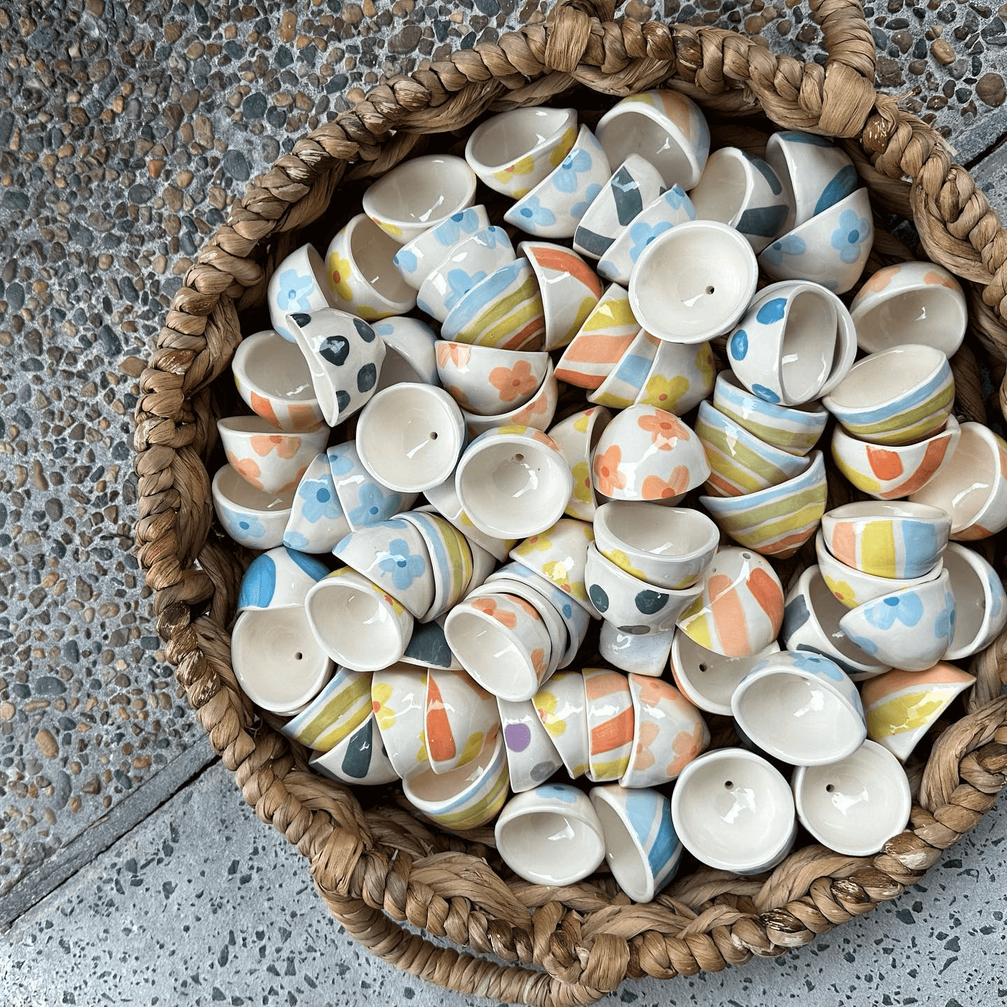 A basket of ceramic bells