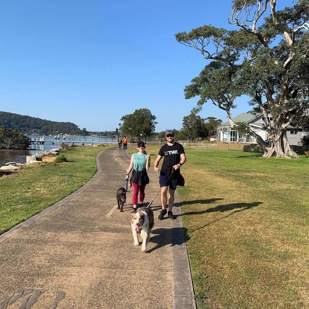 A couple with a dog running along a pathway