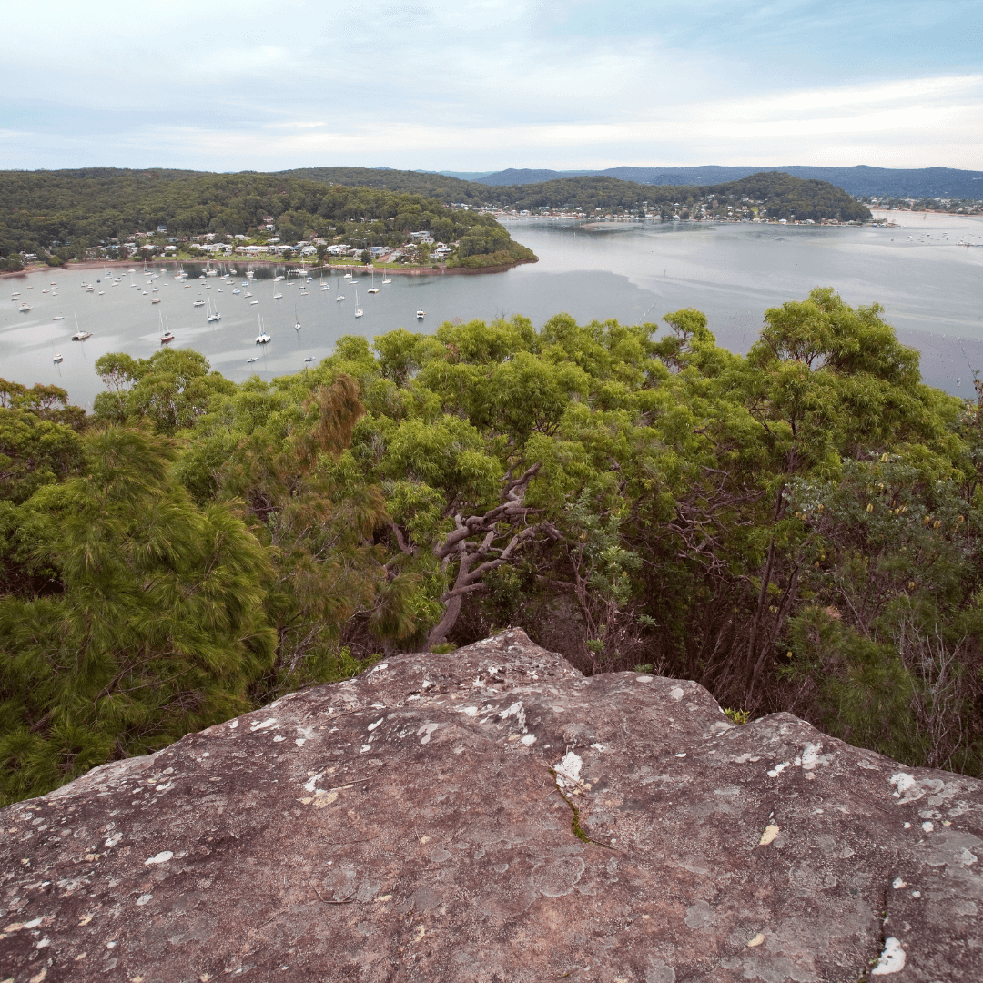 A rock overhang overlooking winding waterways and bushland cliffs