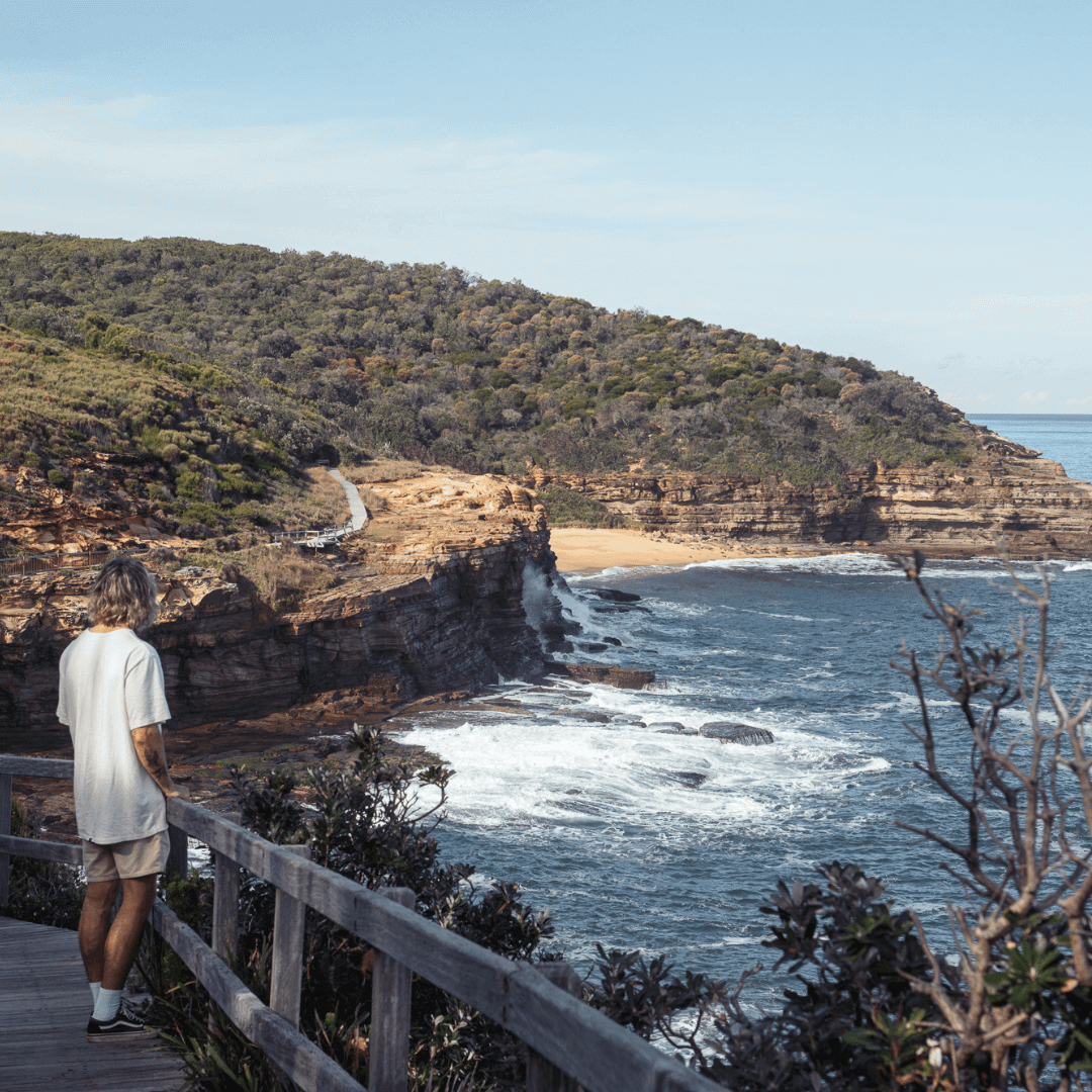 A man looking out at a coastline covered in bushland from a boardwalk