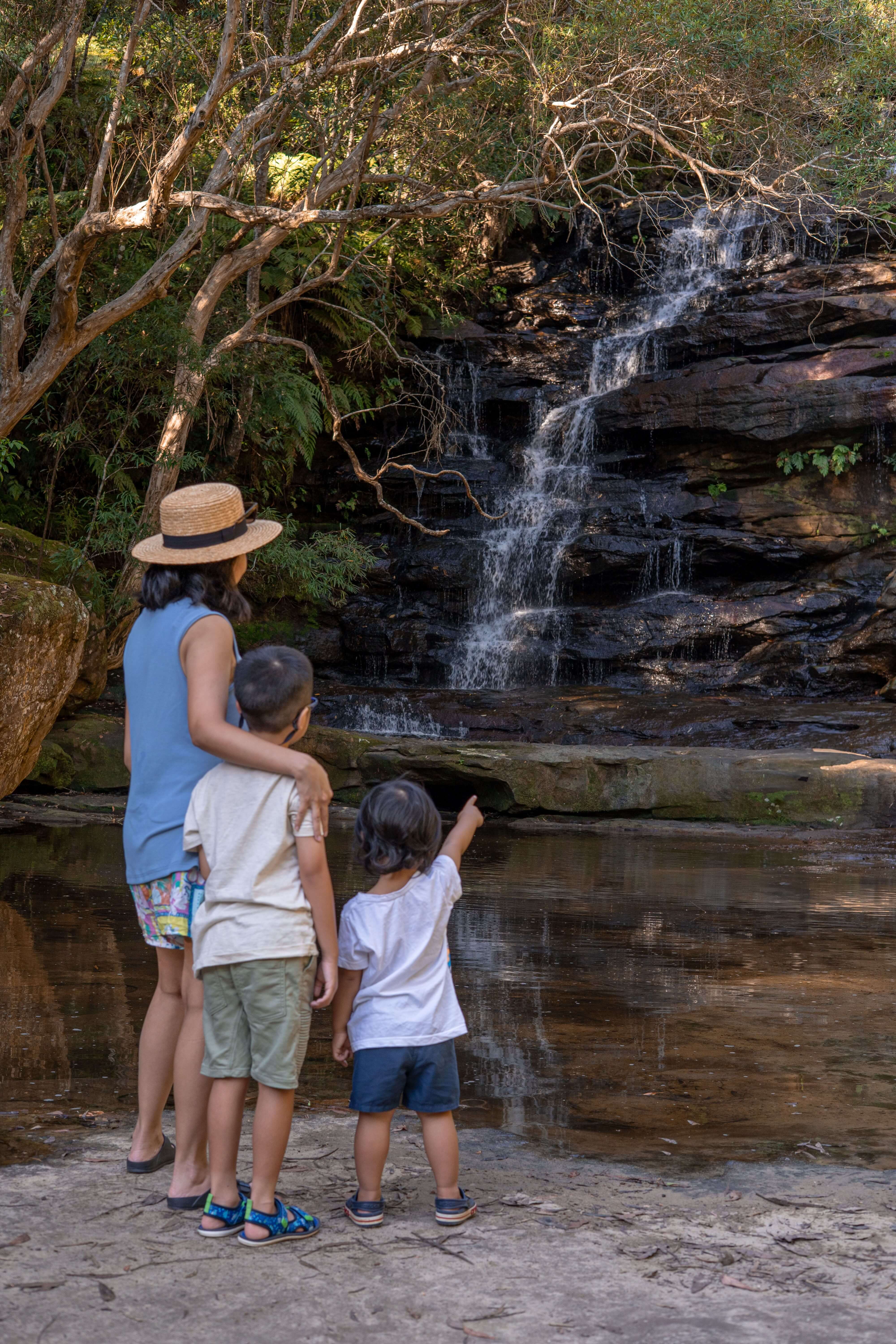 A mother and two boys looking at a cascading waterfall