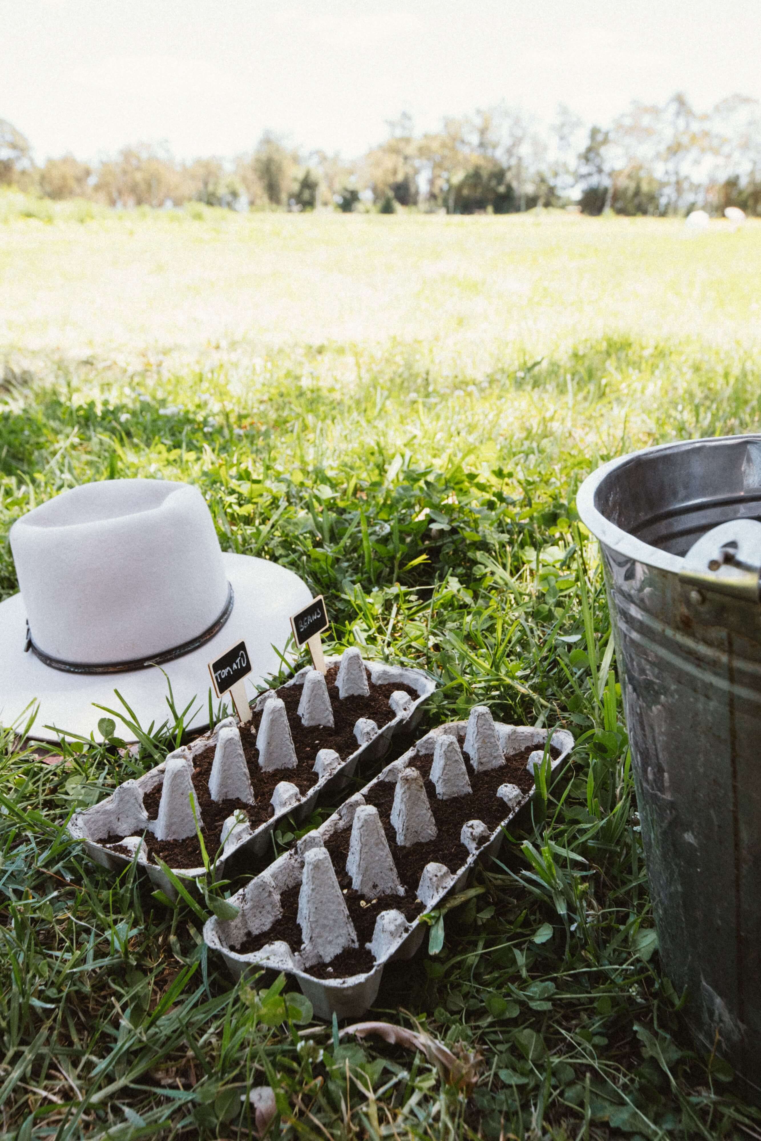 farmers hat next to fresh eggs