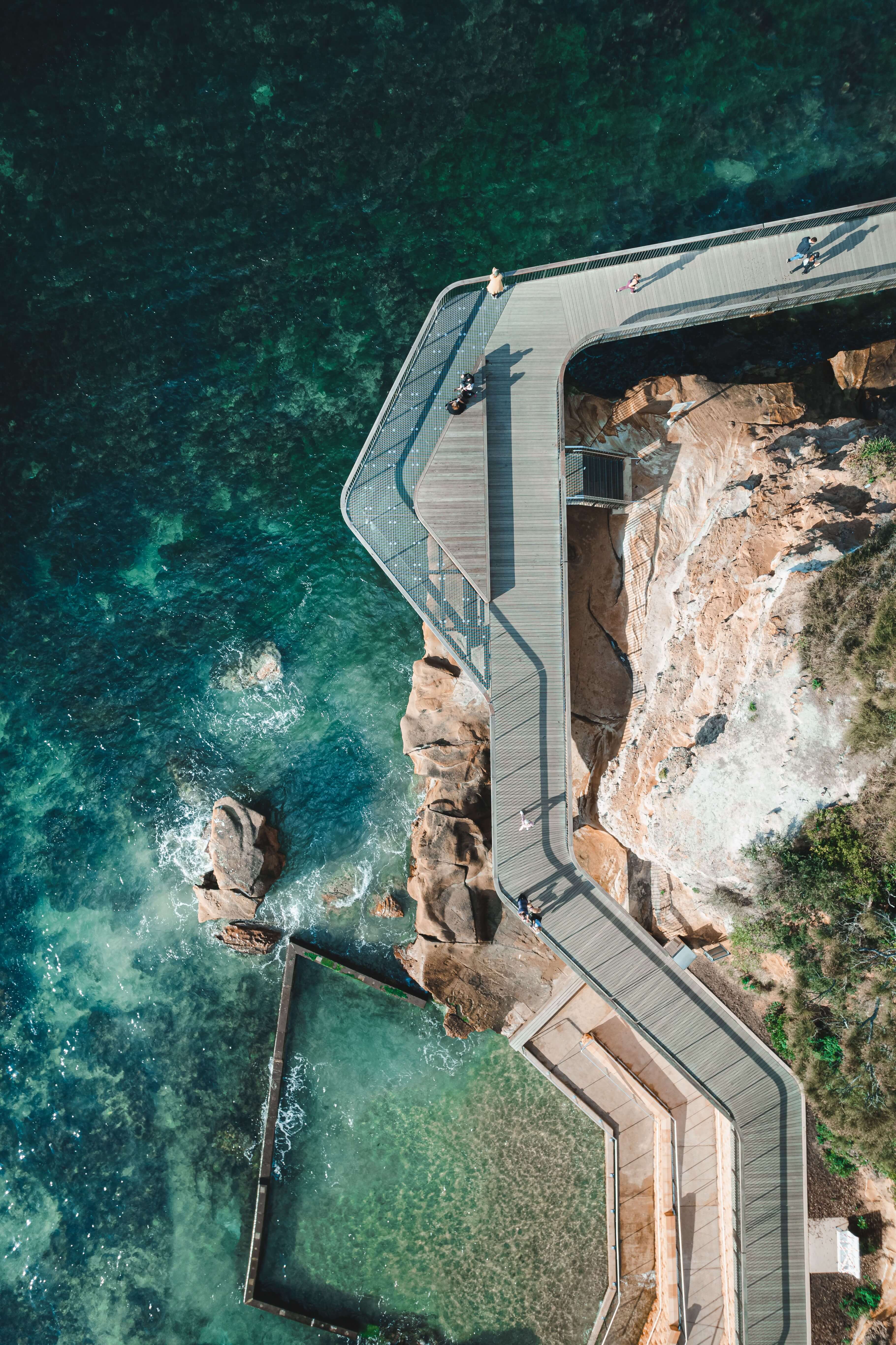 An aerial view of Terrigal Boardwalk over the water edge 