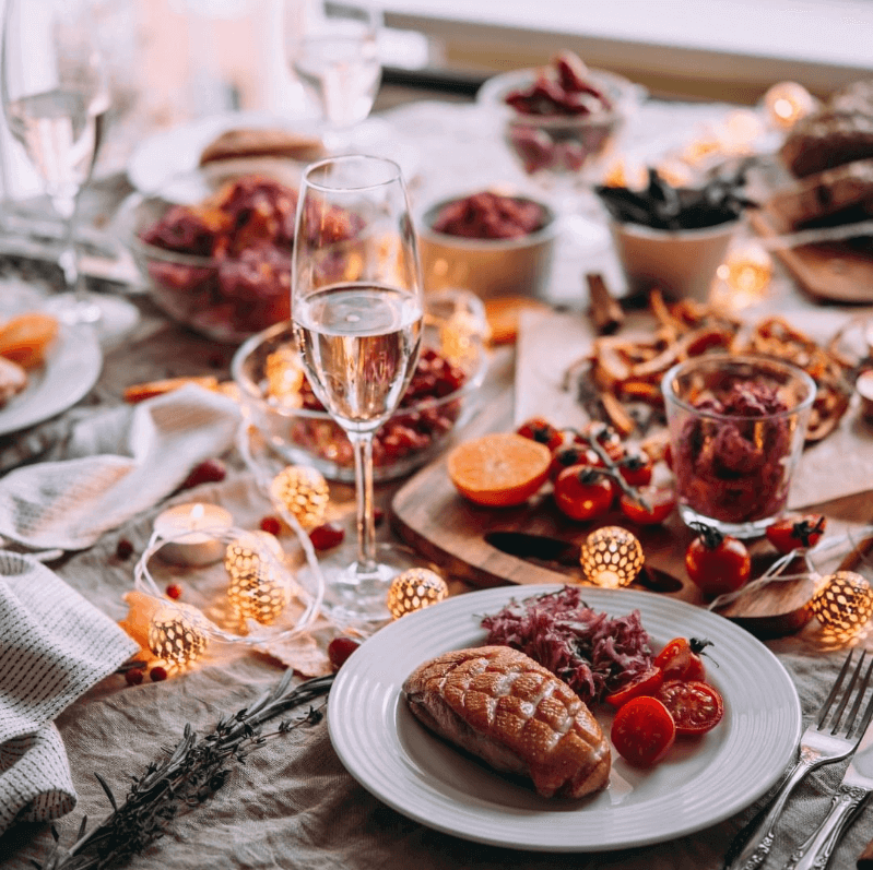 Christmas lunch on decorated table