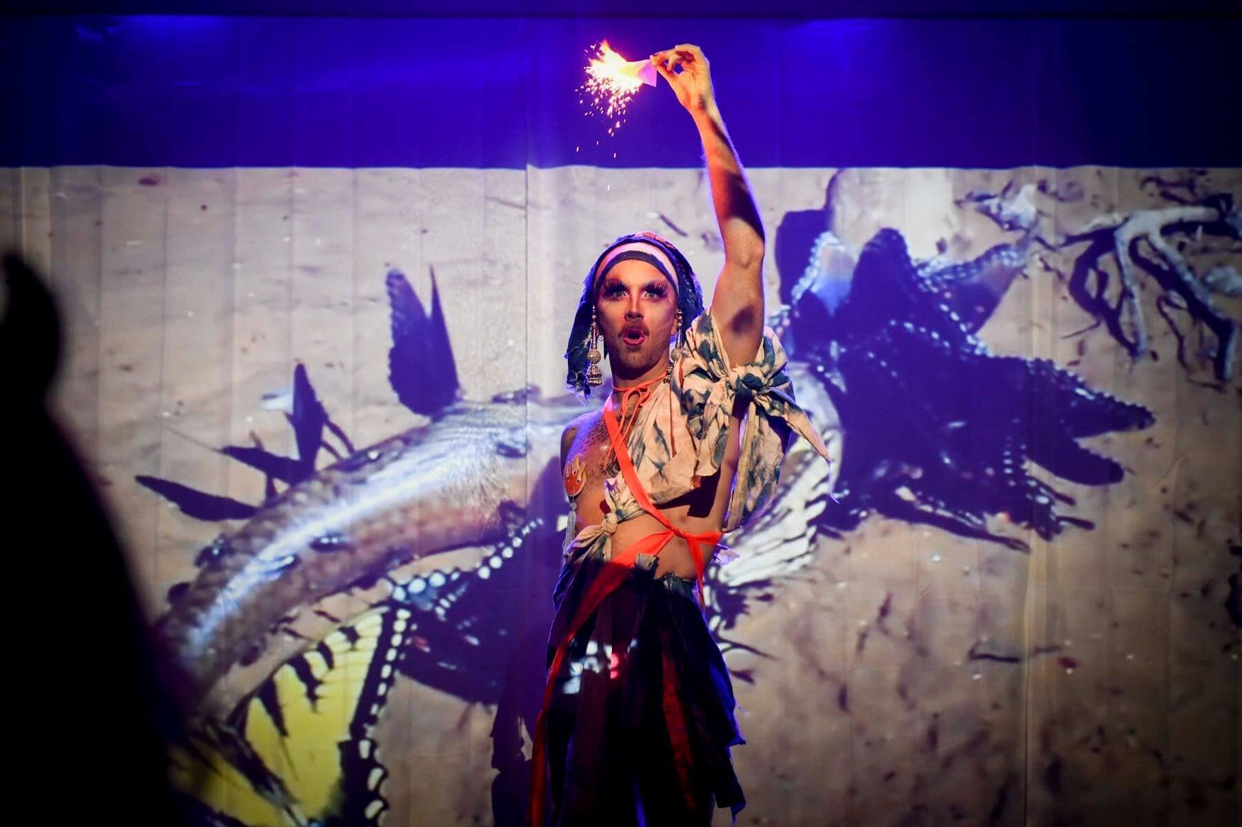 Performer on stage with colour back drop and fire