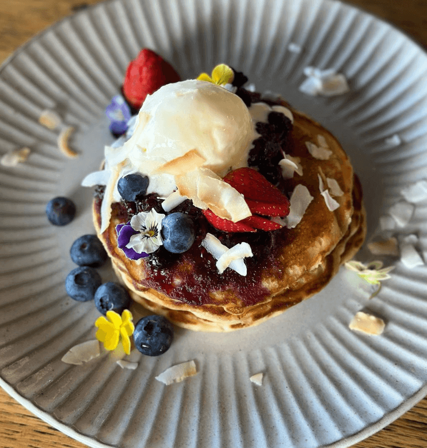 Norah Head Beach Haus cafe pancakes with fruit icecream