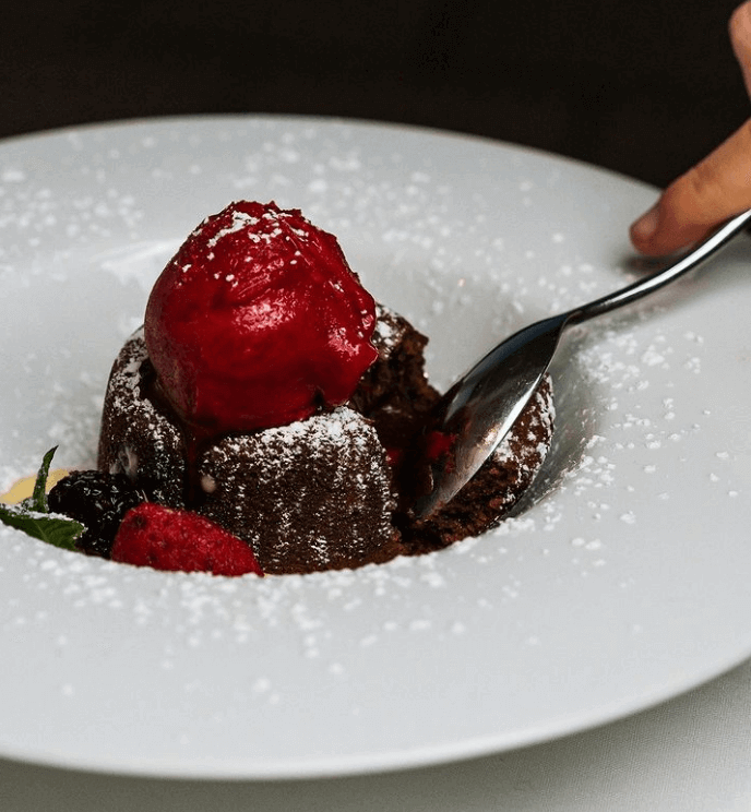Portion of chocolate cake with raspberry sorbet