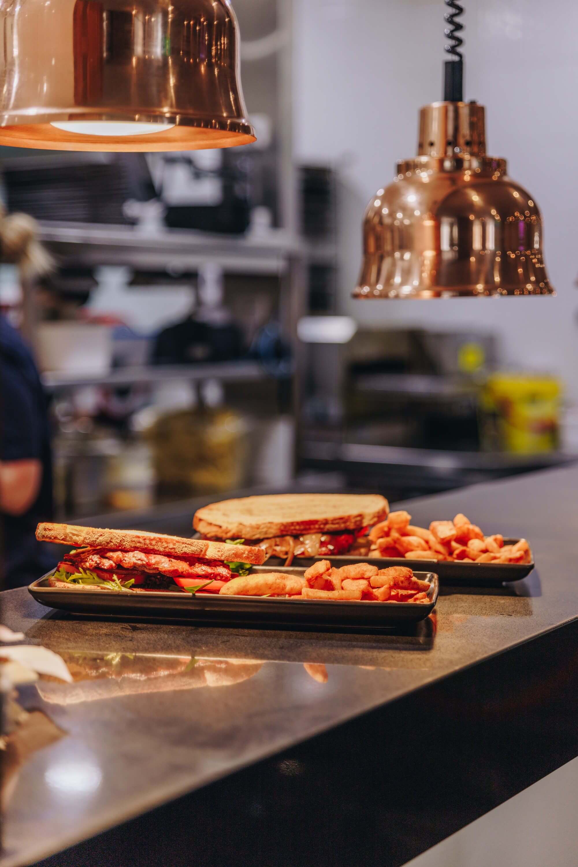 pub food up for service on counter