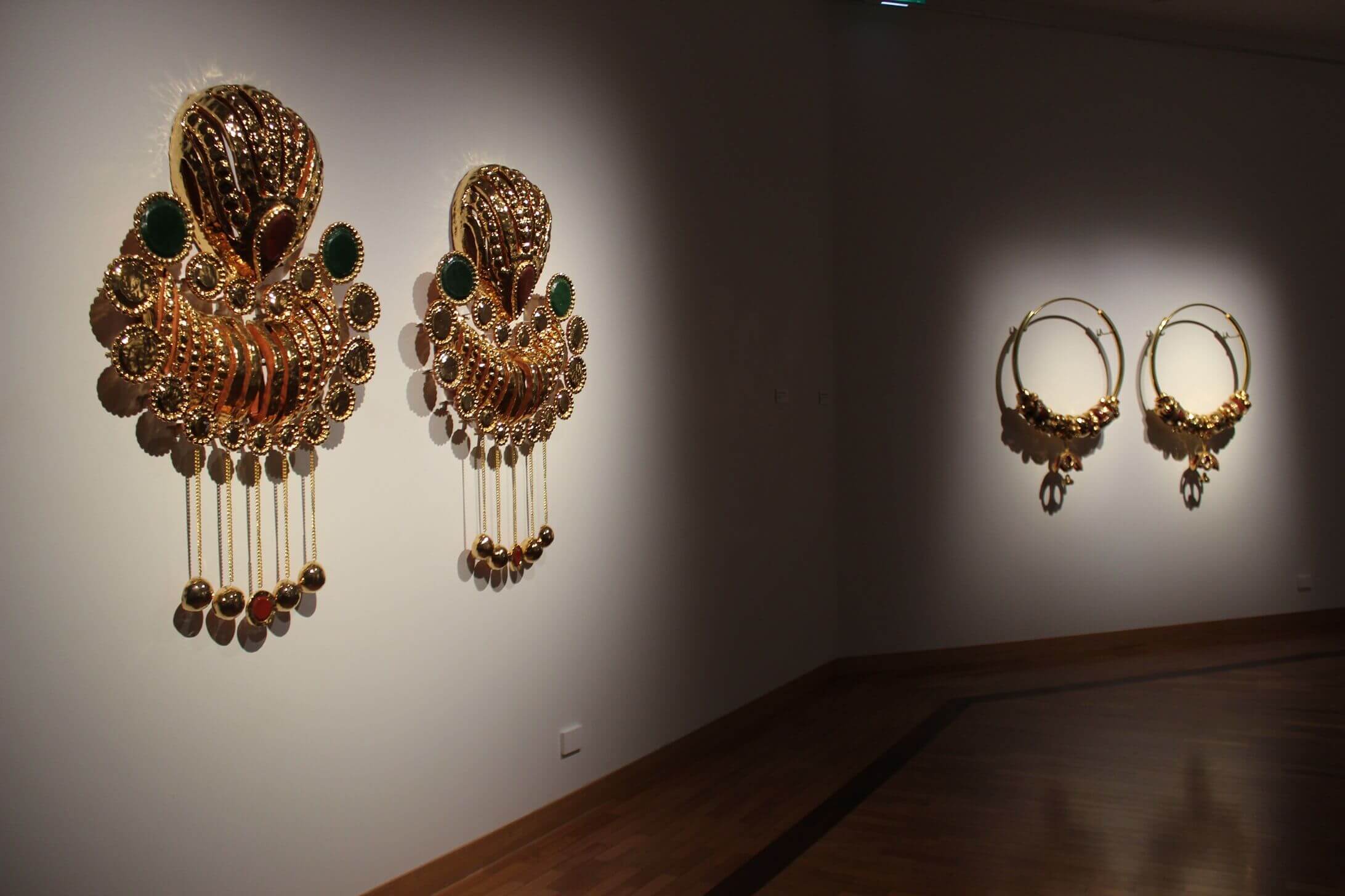 Installation view of this year’s EMERGING Art Prize finalist work, Drop earrings that once belonged to my mother and Hoops that once belonged to my mother. Photo by Lotte Hilder. 