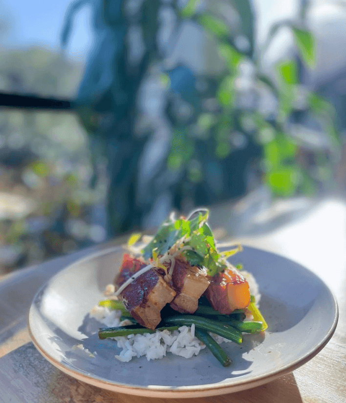 pork belly served on rice