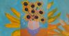 Painted image of sunflowers in a vase with blue background